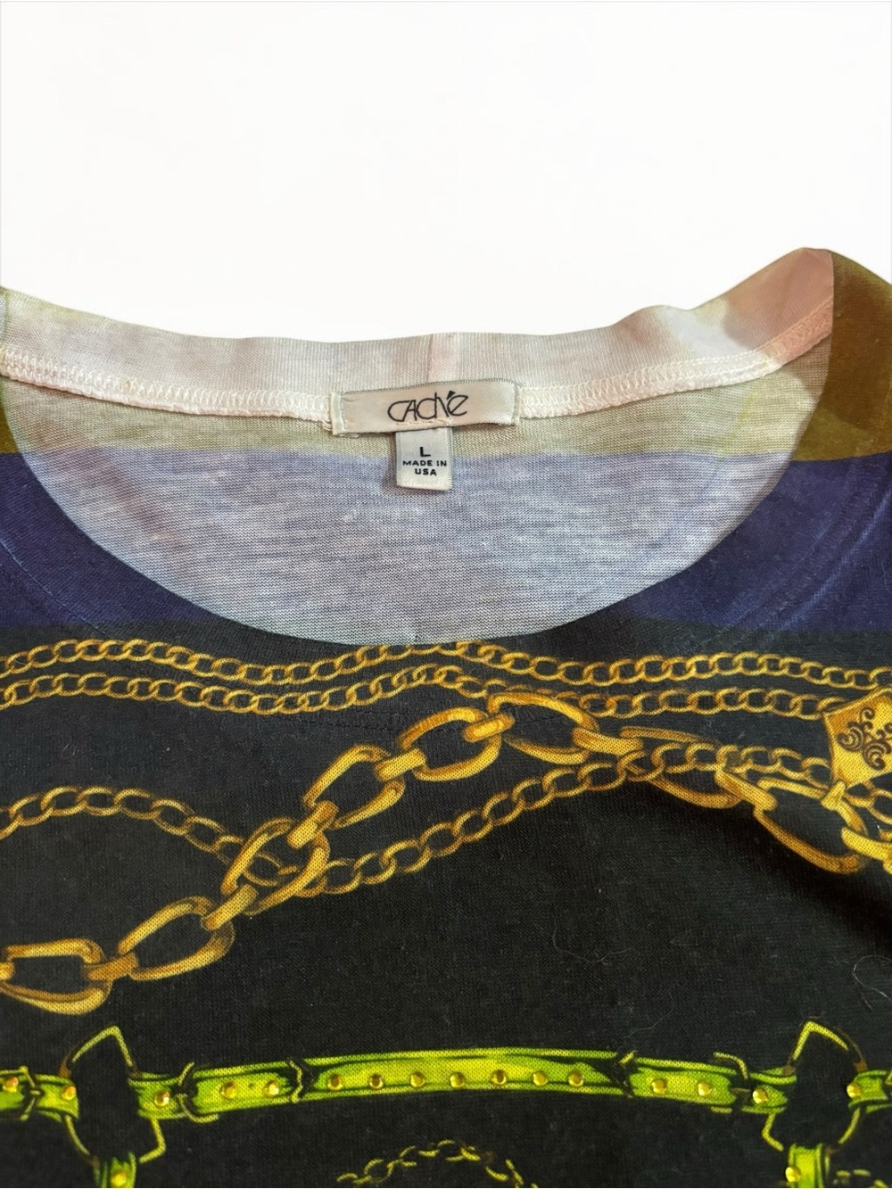 Y2K Cache Baroque Equestrian Chain Print Rhinestone Embellished Top Large - Picture 3 of 8